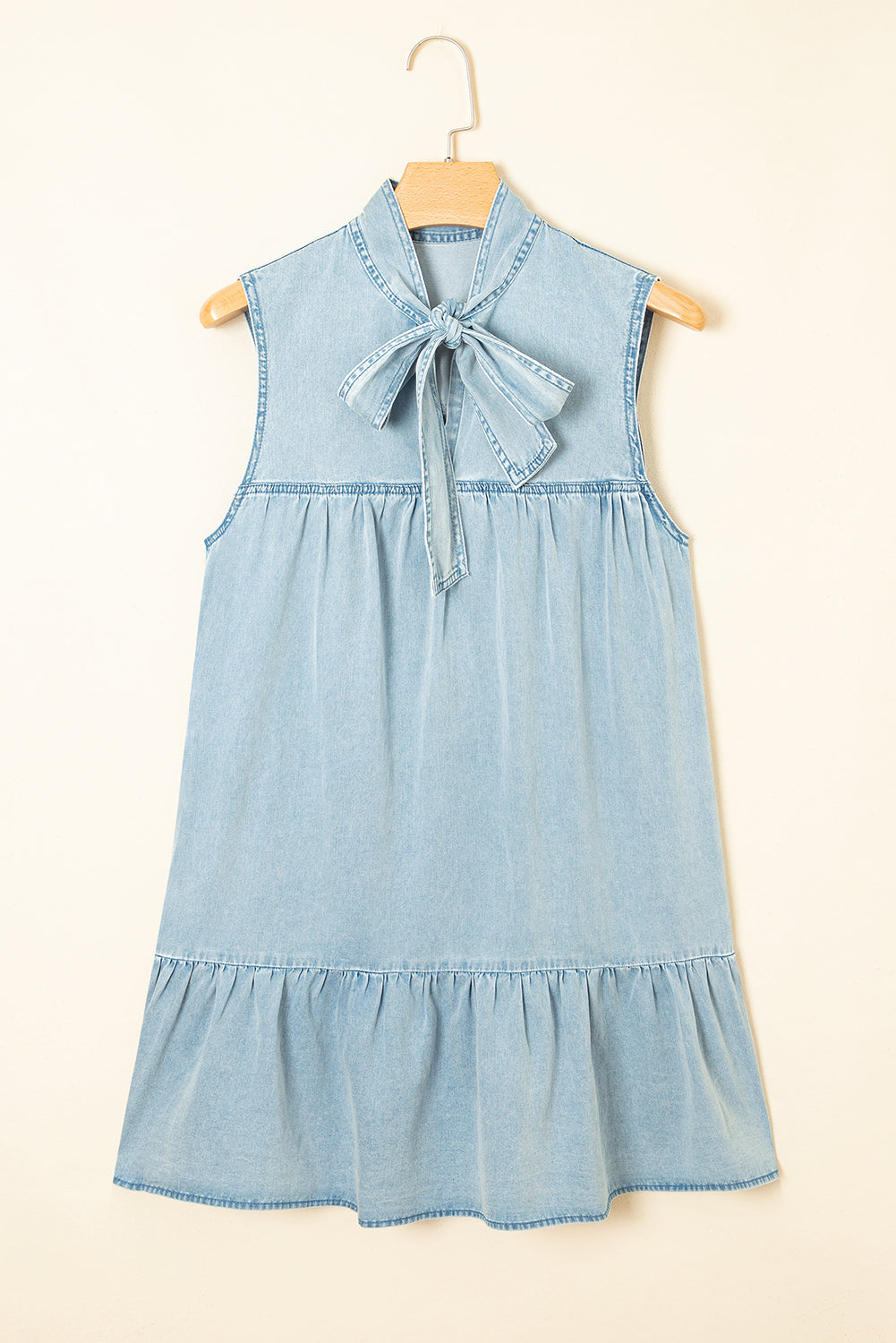 Beau Blue Bowknot Neck Sleeveless Ruffled Chambray Dress