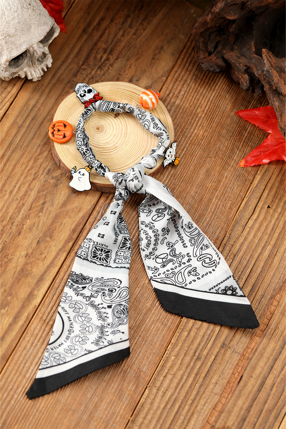 White Boho Printed Knot Scarf Halloween Pumpkin Ghost Charm Necklace