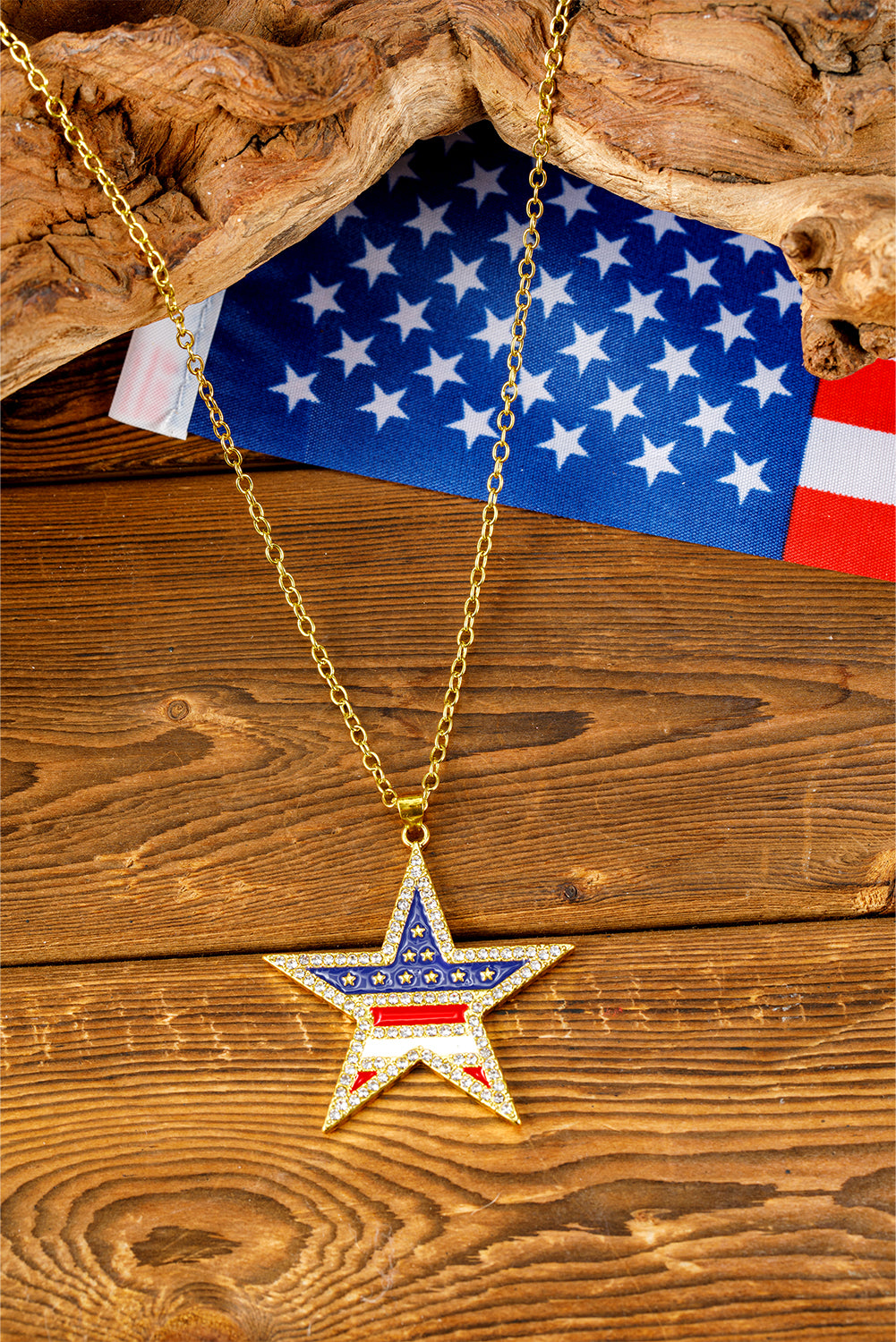 Gold Rhinestone American Flag Star Necklace