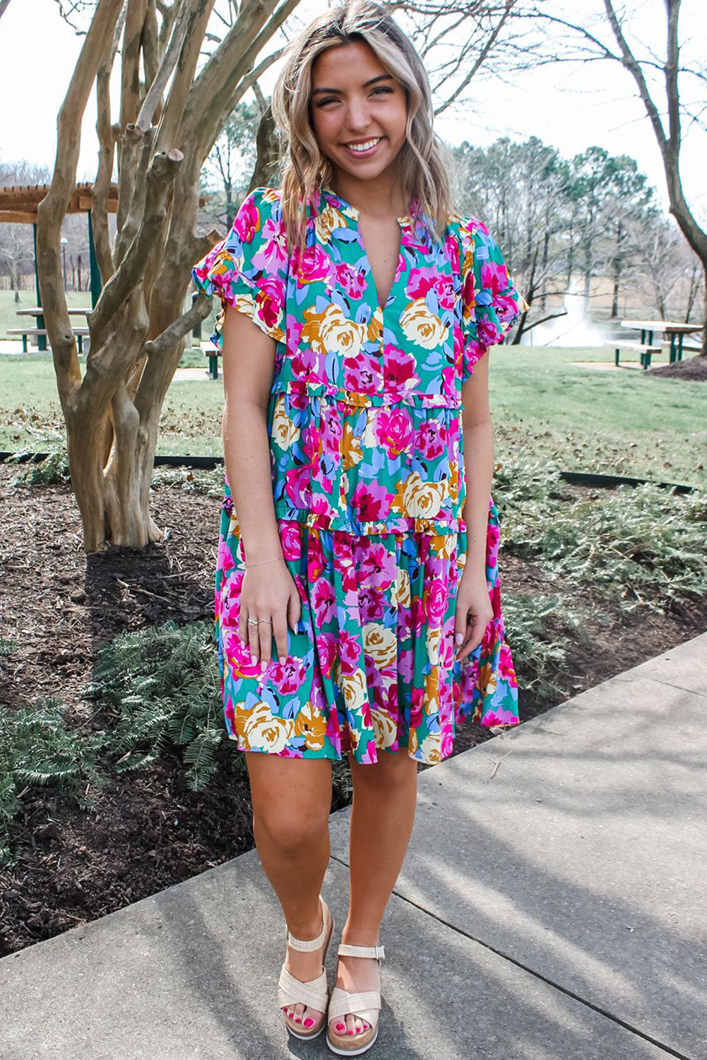 Green Rose Floral Print Ruffled Short Dress