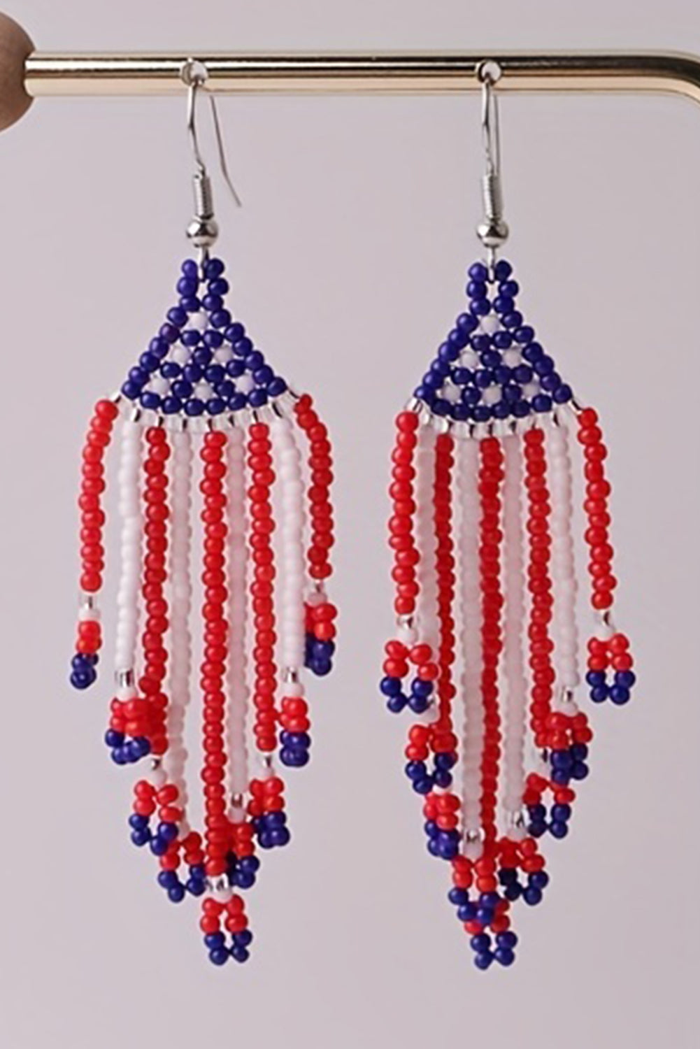 Fiery Red American Flag Beaded Fringed Hook Earrings