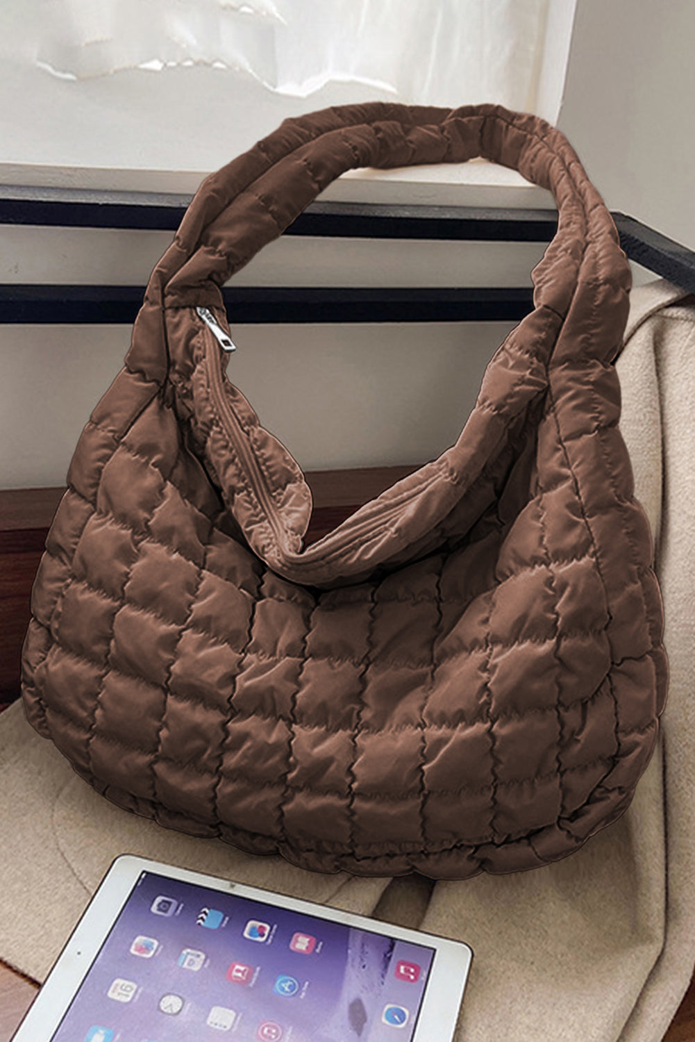 Coffee Quilted Zipper Large Shoulder Bag