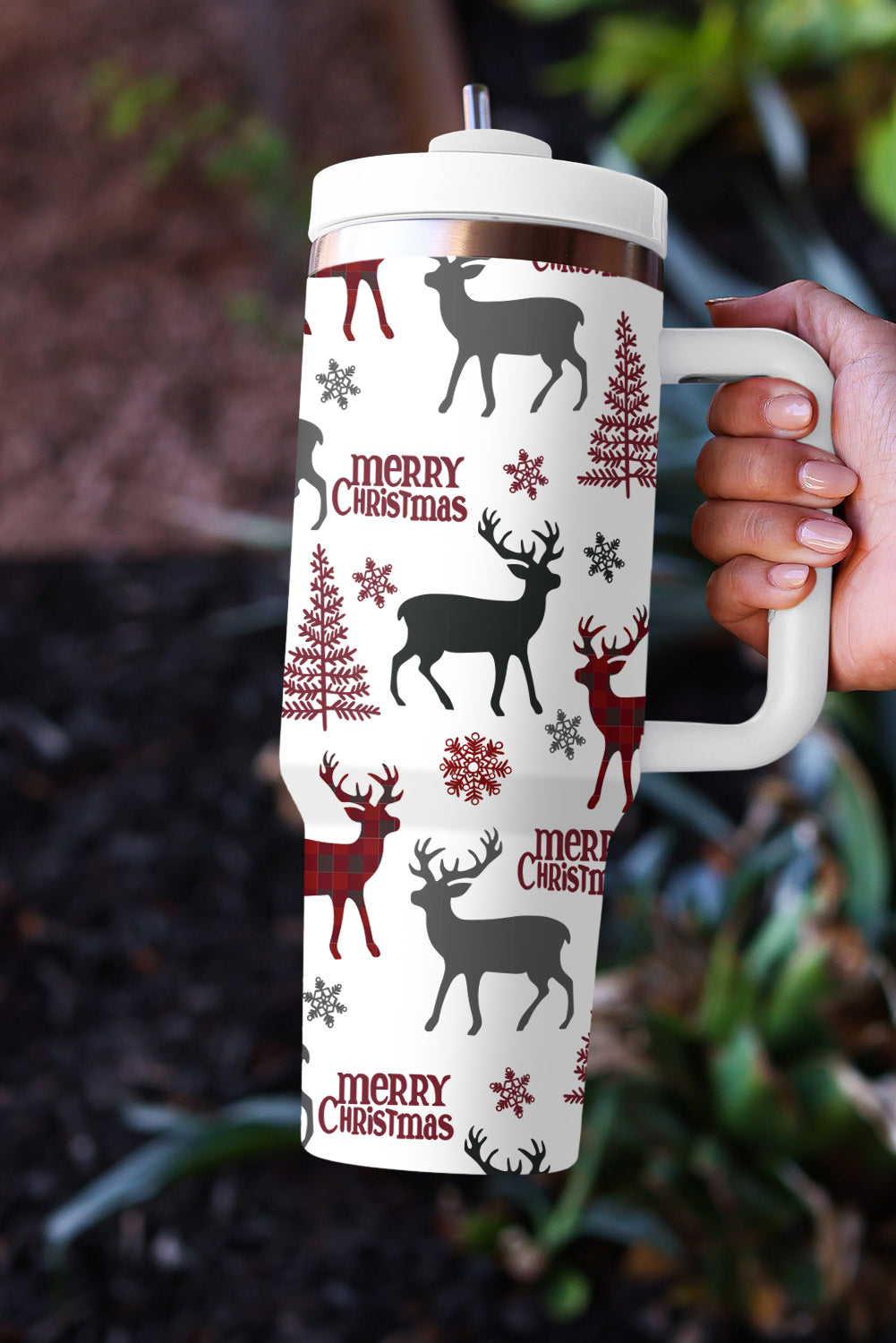 White Merry Christmas Tree Snowflake Elk Print Handle Tumbler