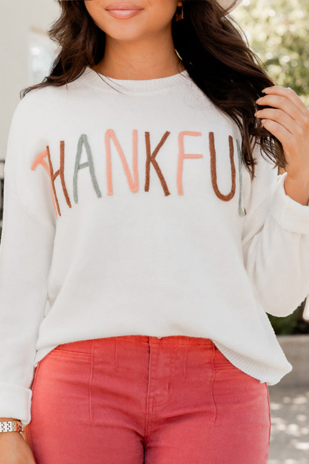 White Plus Size Thankful Ivory Embroidered Sweater