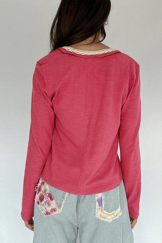 Racing Red Ribbed Texture Contrasted Lace Trim Button V Neck Long Sleeve Top