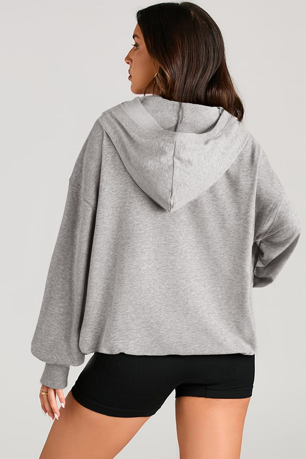 Light Grey Solid Kangaroo Pocket Half Zipper Oversized Hoodie