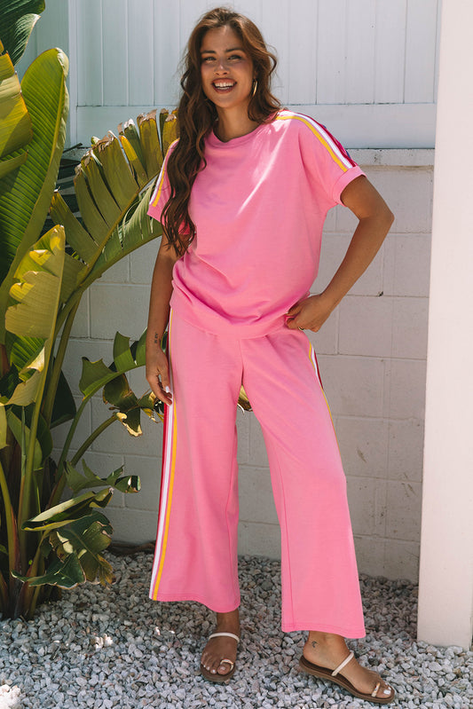 Bonbon Color Contrast Crewneck T Shirt and Wide Leg High Waist Pants Set