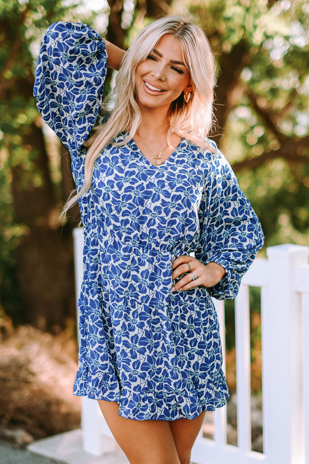 Blue Sky Blue/Blue/Apricot V Neck Lantern Sleeves Floral Tunic Dress