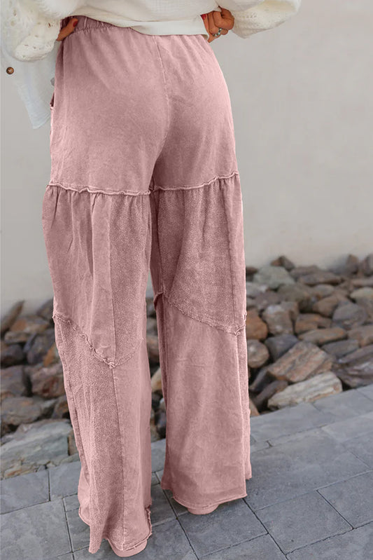 Straw Yellow Mineral Wash Tiered Wide Leg Patchwork Drawstring Pants
