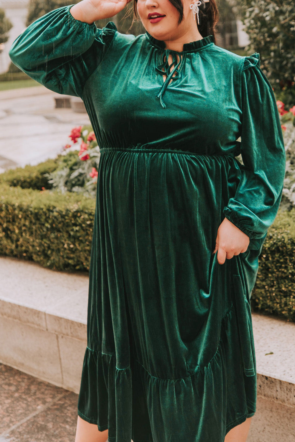 Blackish Green Velvet Frilled up Neck Ruffled High Waist Plus Size Midi Dress