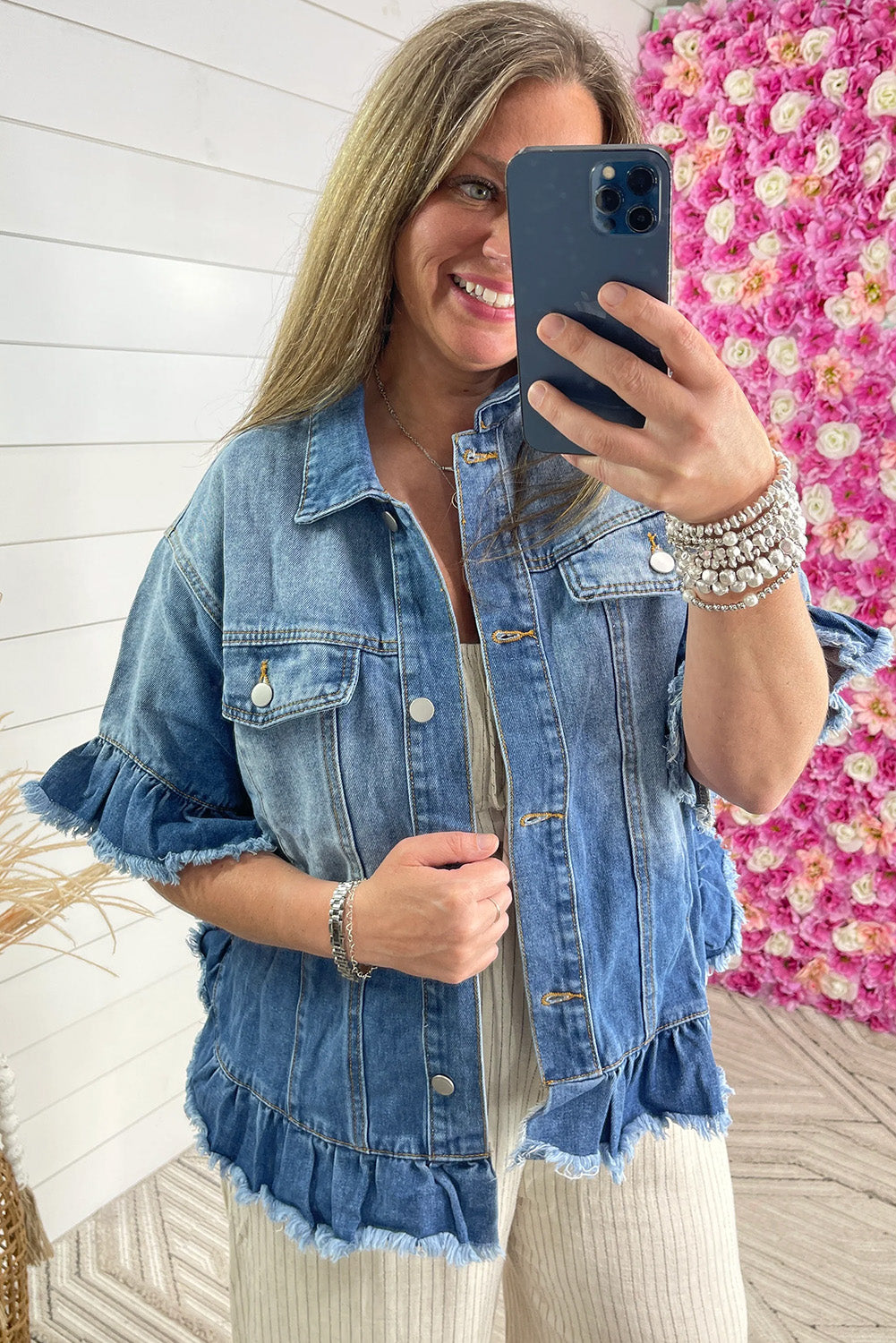 Peacock Blue Ruffled Frayed Short Sleeve Plus Size Denim Jacket