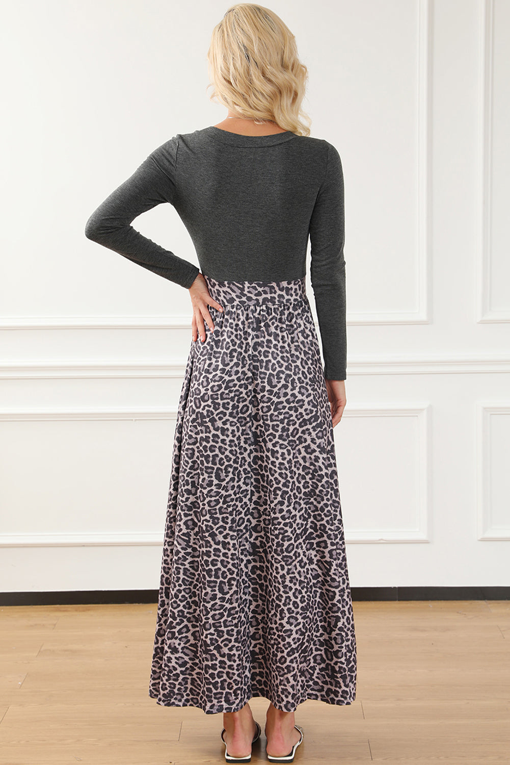 Black Long Sleeve Fitted Bodice Leopard Maxi Dress