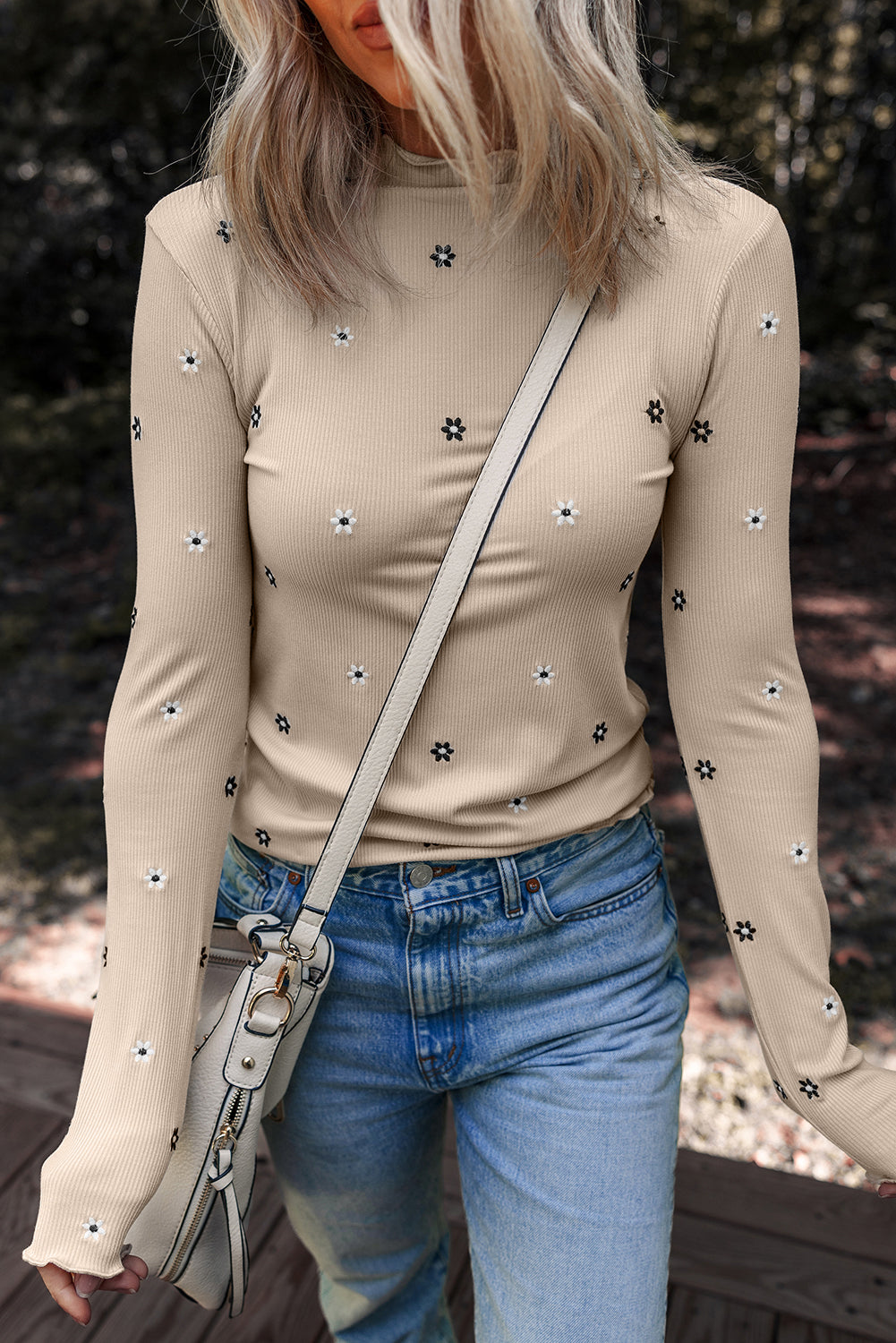 Jet Stream Floral Embroidered Detail Ribbed Long Sleeve Top