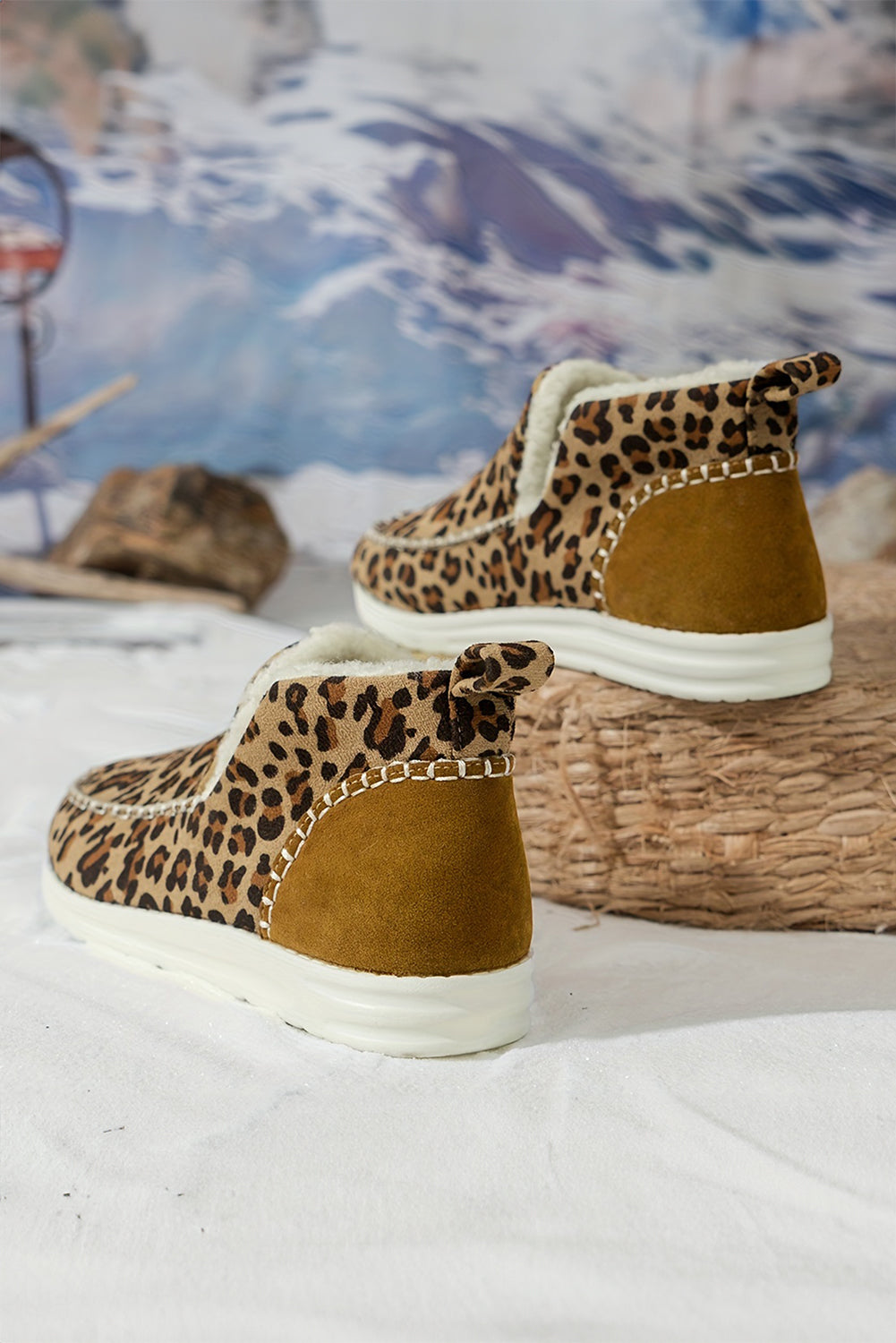 Brown Leopard Print Ankle Patched Flat Winter Fur Boots