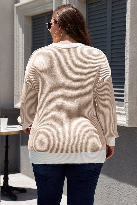 Brown Stripe Plus Size Contrast Trim Crew Neck Rib Knit Drop Shoulder Sweater