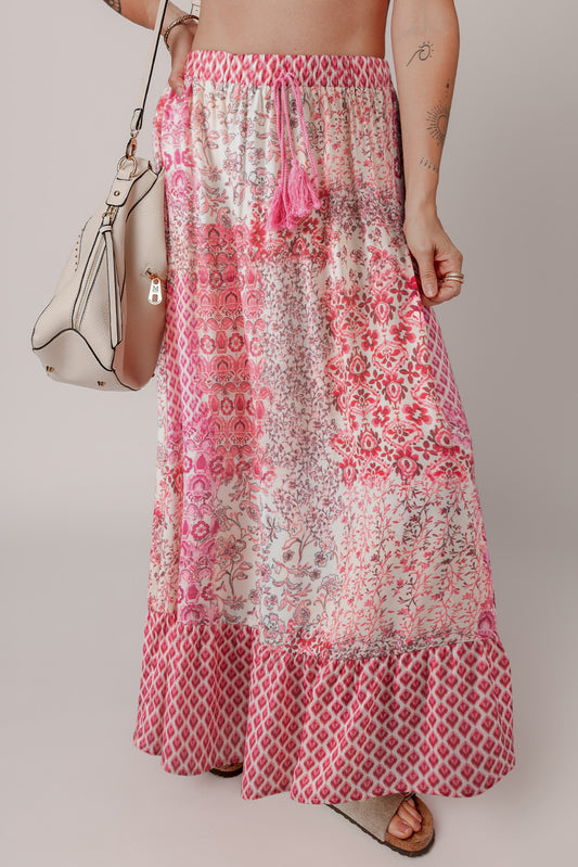Red Boho Pattern Print Tassel Drawstring High Waist Maxi Dress