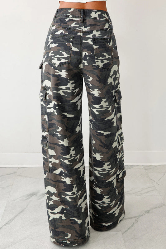 Green Camo Denim Cargo Wide Leg Pants