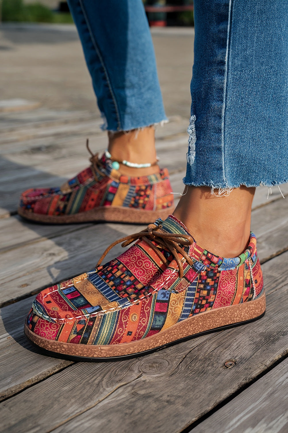 Racing Red Western Print Faux Suede Lace-up Decor Slip On Shoes