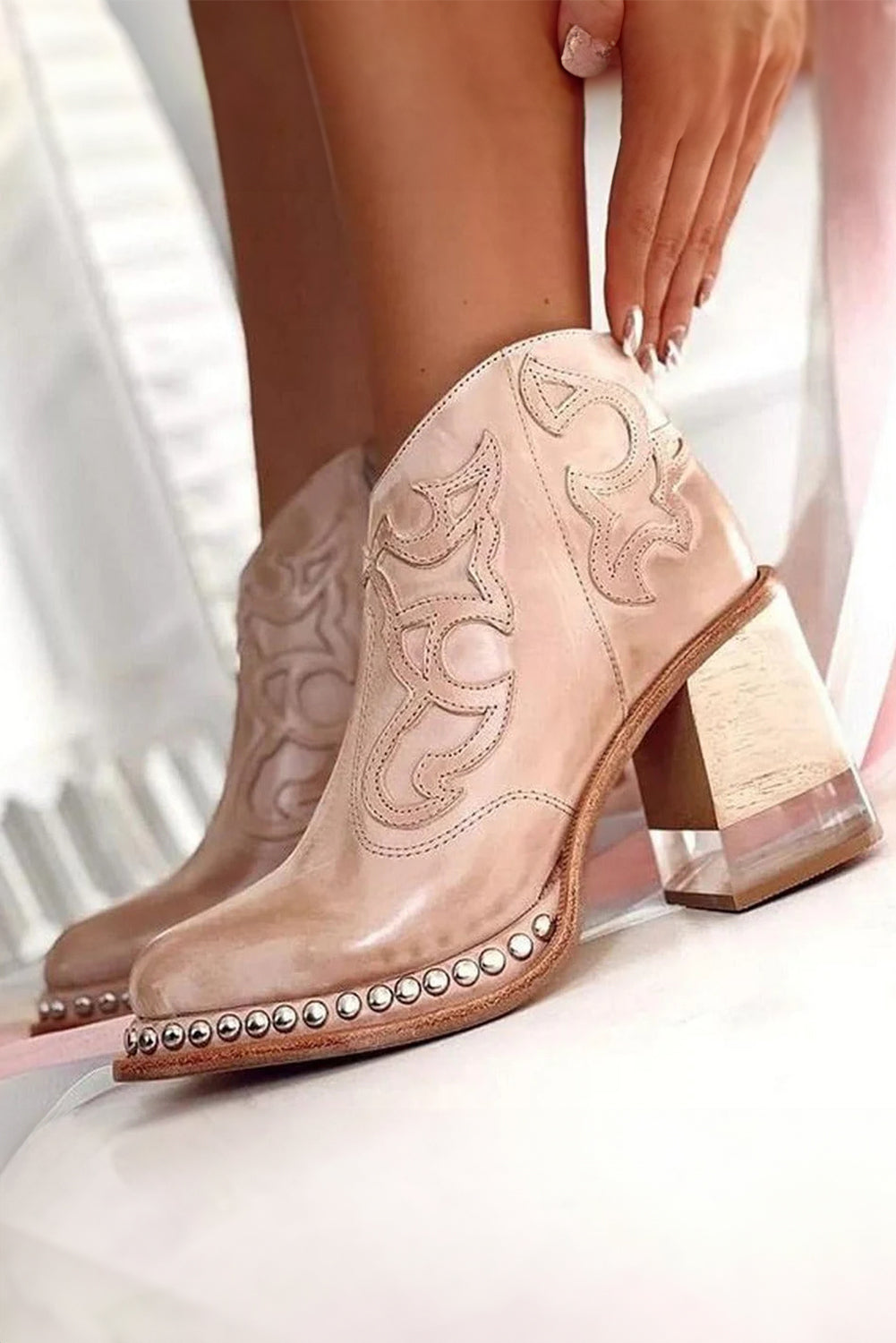 Light French Beige Western Embroidered PU Leather Studded Detail High Heel Ankle Boots