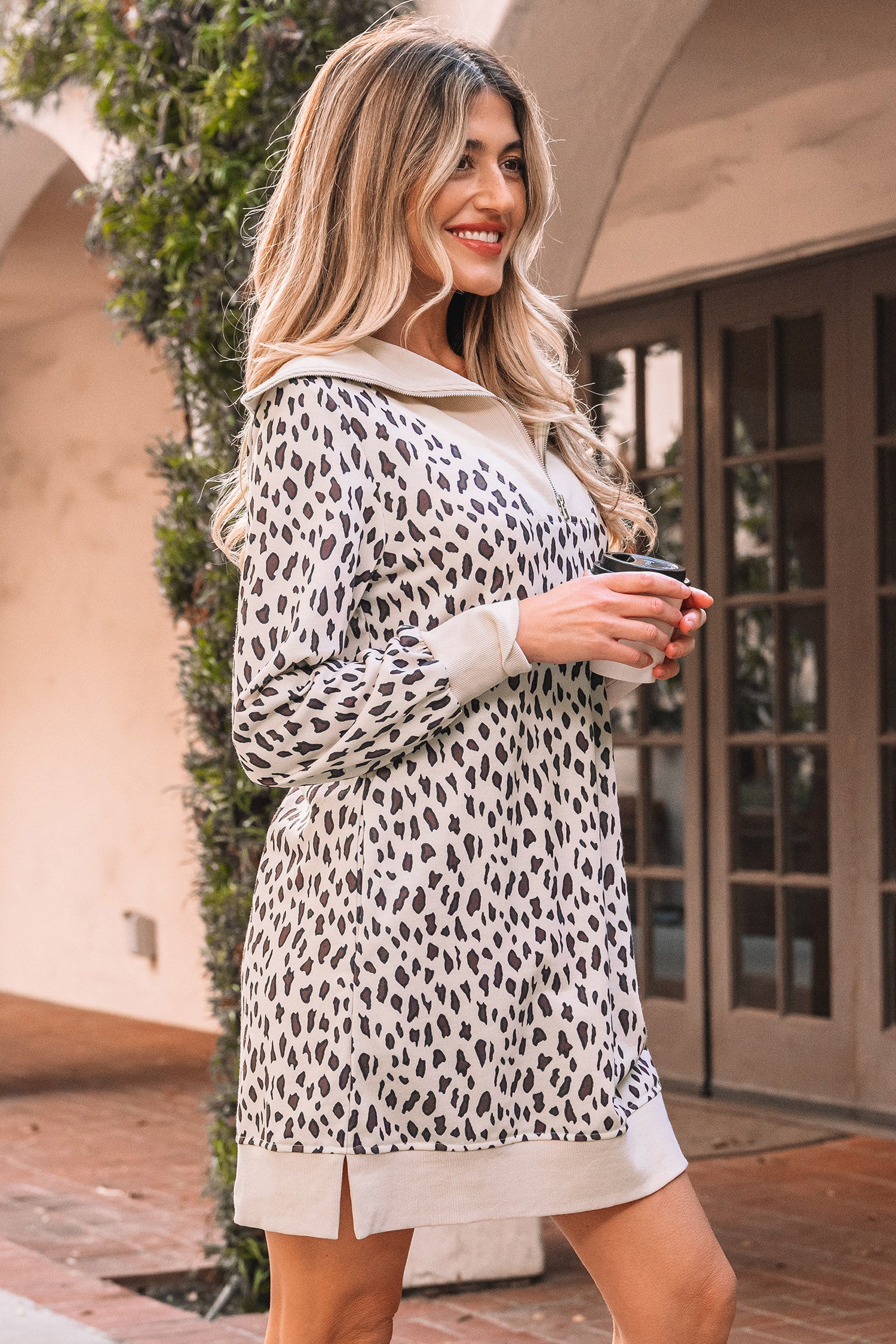 Khaki Leopard Print Zip up Collar Patchwork Shift Mini Dress