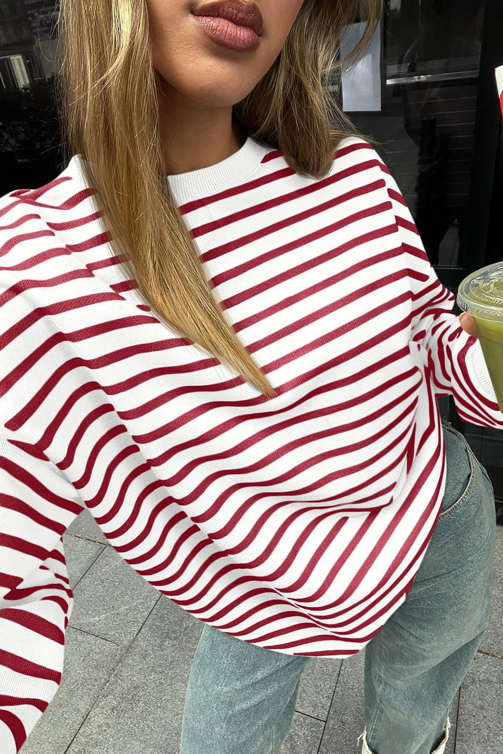 Burgundy Striped Long Sleeve Round Neck Loose Top