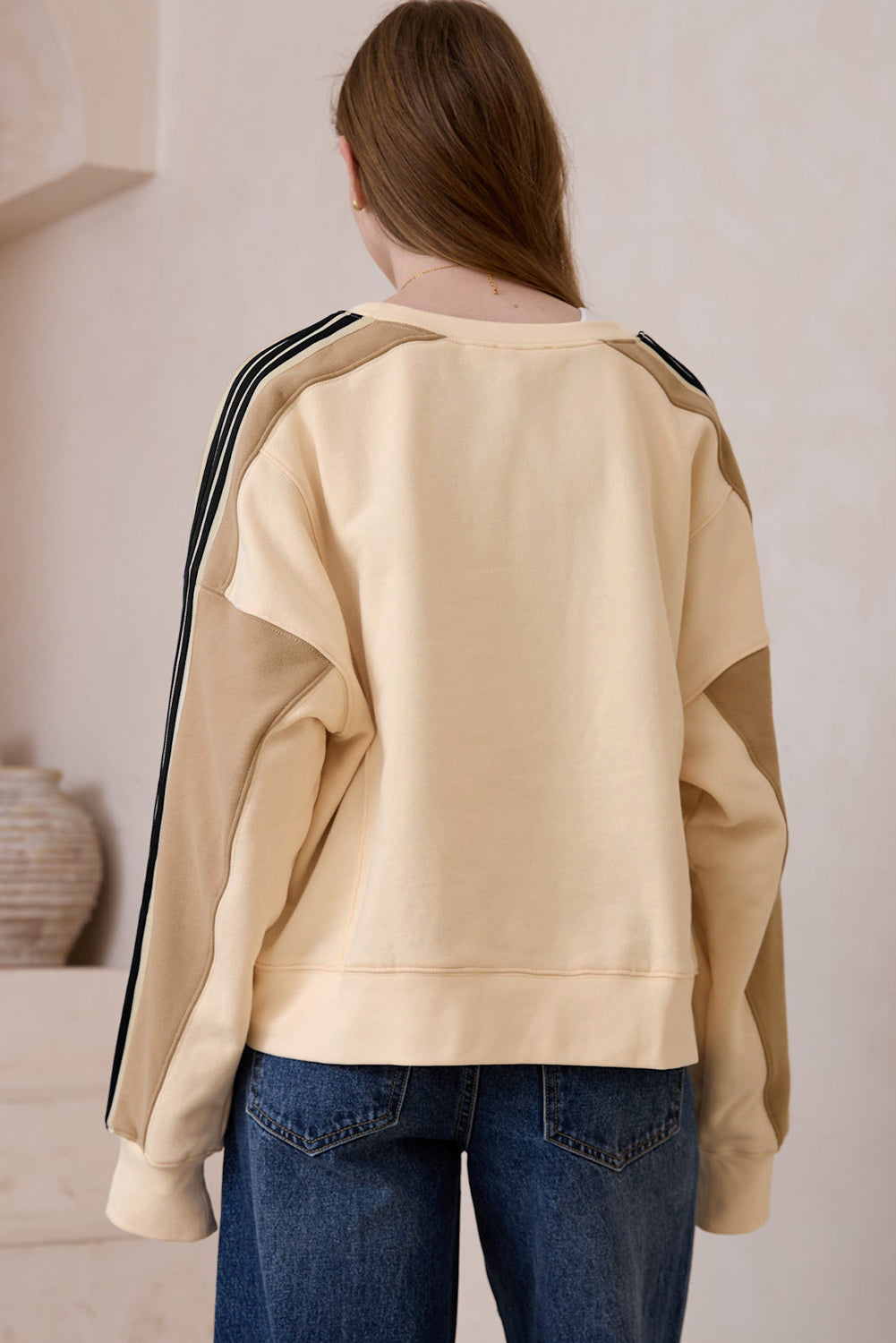 Beige Contrast Striped Patchwork Drop Shoulder Loose Sweatshirt