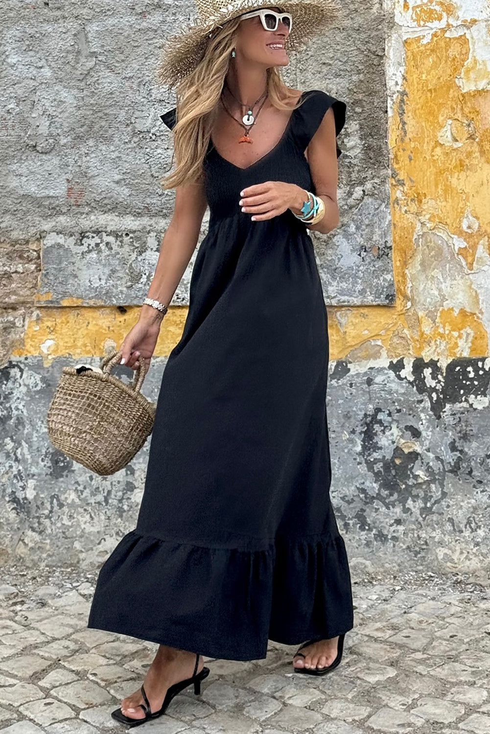 Black V Neck Flutter Sleeve Smocked Bodice High Waist Ruffle Maxi Dress