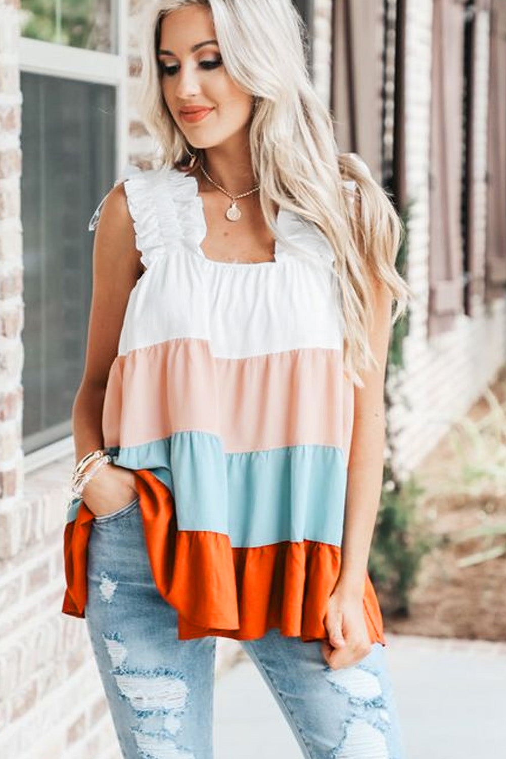 White Frill Straps Color Block Tiered Tank Top