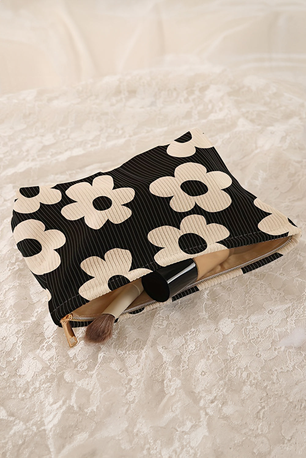 Black Colorful Flower Printed Rib Textured Cosmetic Bag