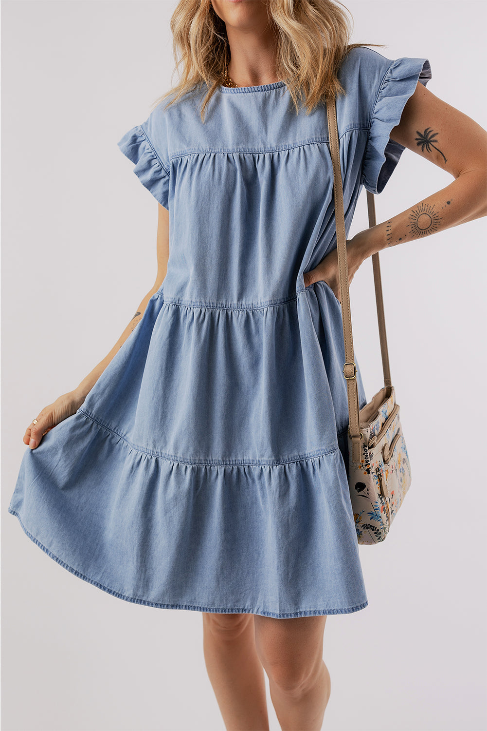 Beau Blue Ruffle Short Sleeve Tiered A-line Denim Dress