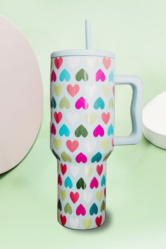 Beau Blue Heart Shape Print Handle Large Vacuum Cup 40oz