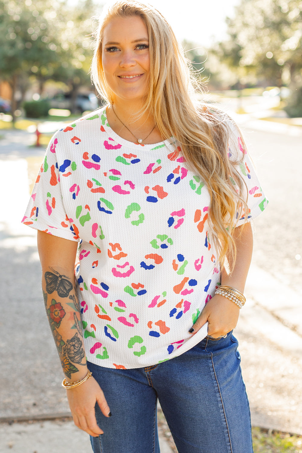 White Multicolor Leopard Print Textured Plus Size T Shirt