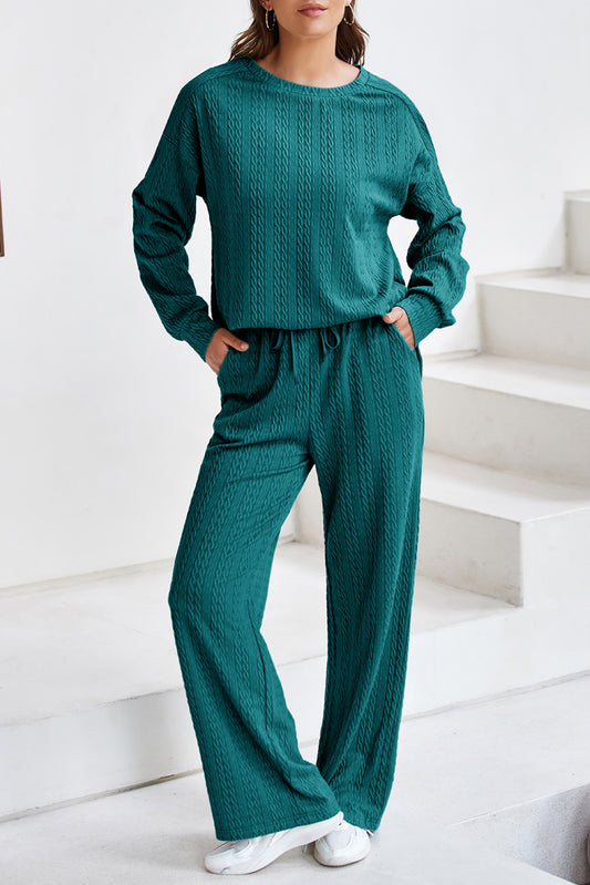 Sea Green Textured Round Neck Sweatshirt & Loose Drawstring High Waist Pant Set