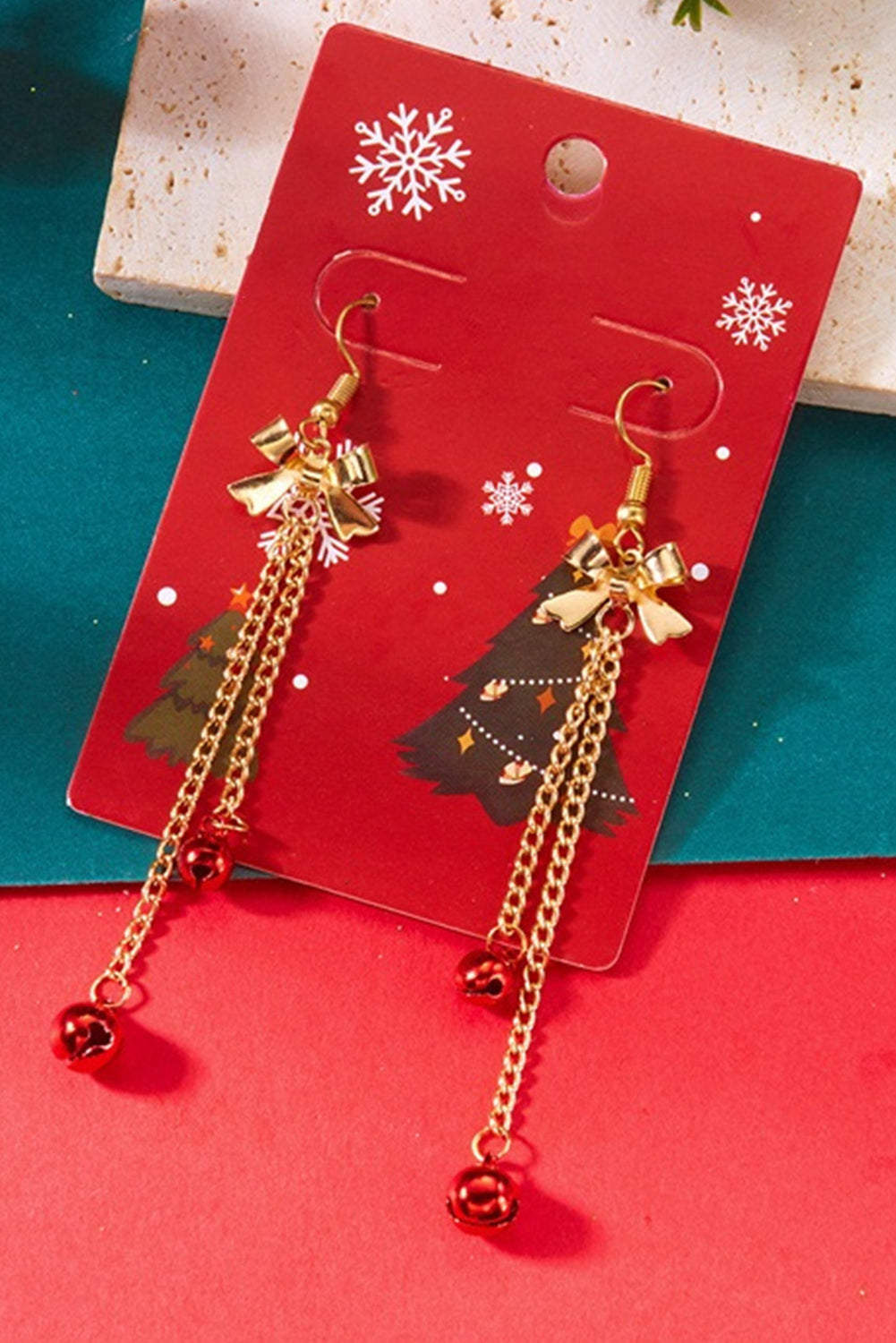 Fiery Red Jingle Bell Tassel Dangle Gold Plated Bow Hook Earrings