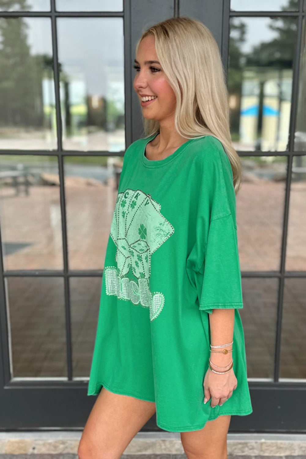 Bright Green Rhinestone Lucky Poker Cards Oversized T Shirt Mini Dress