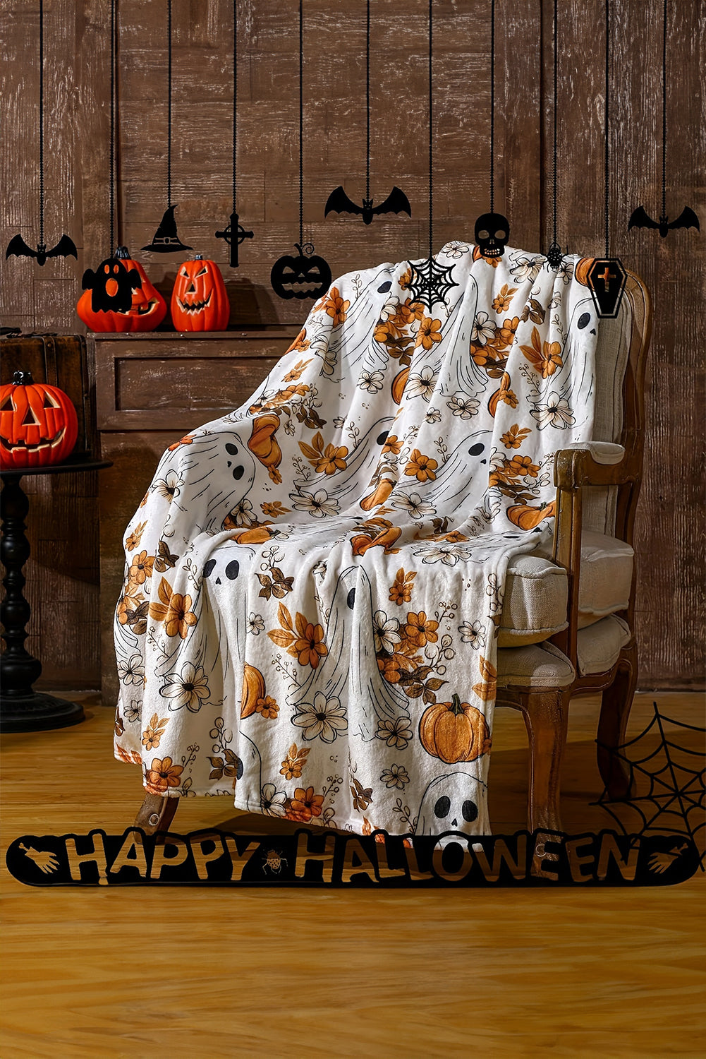 Orange Halloween Ghost Pumpkin Print Fleece Throw Blanket