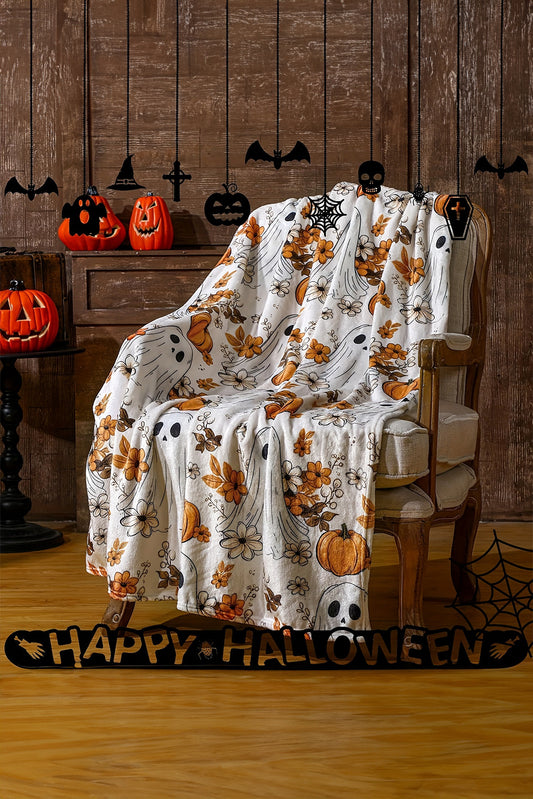 Orange Halloween Ghost Pumpkin Print Fleece Throw Blanket