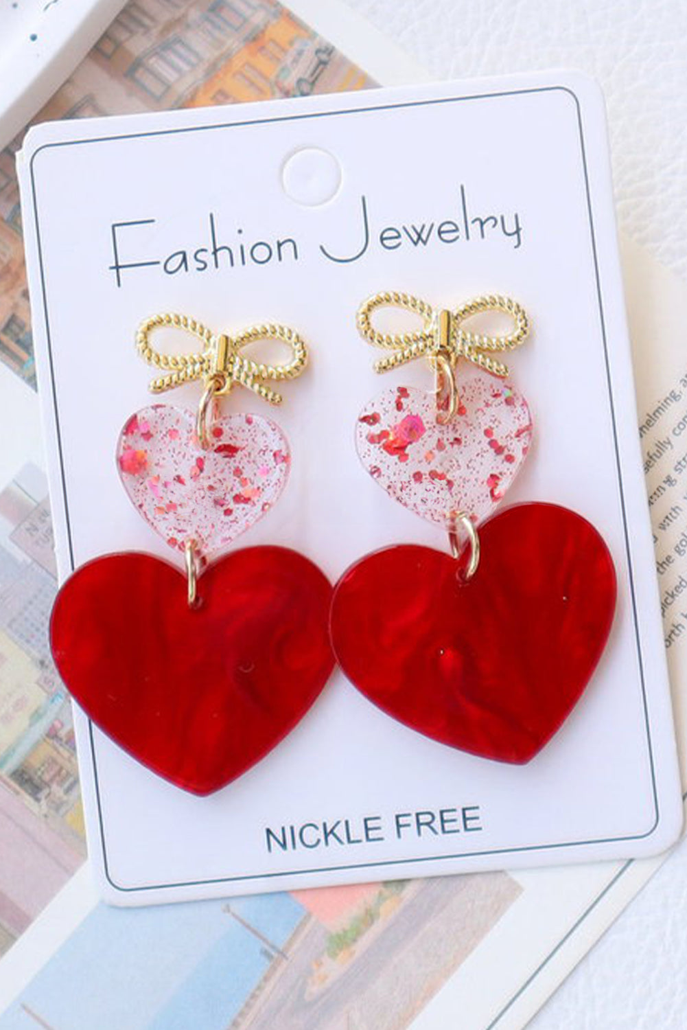 Fiery Red Bow Knot Heart Shape Dangle Earrings