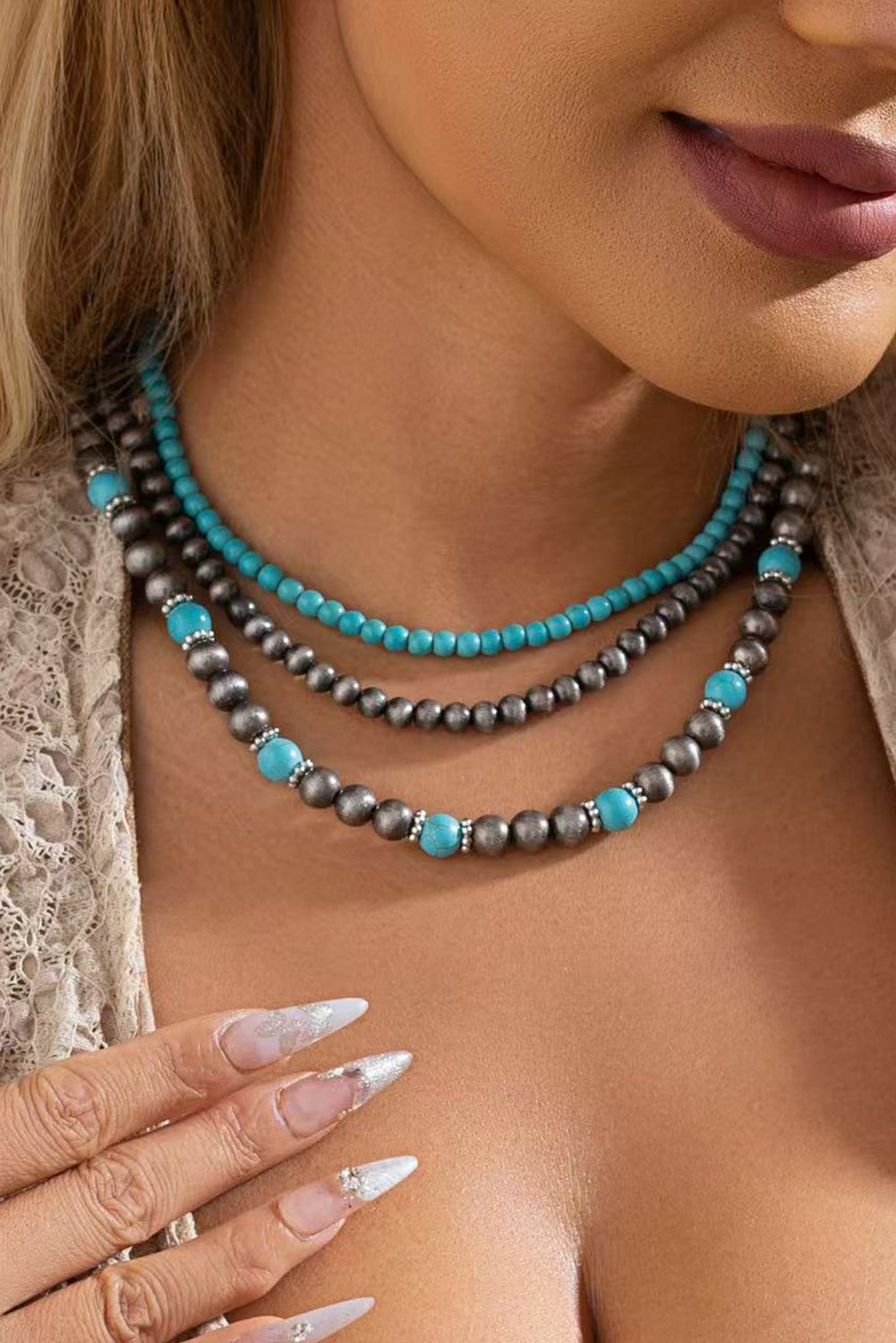 Black 3pcs Turquoise Beading Retro Necklace Set