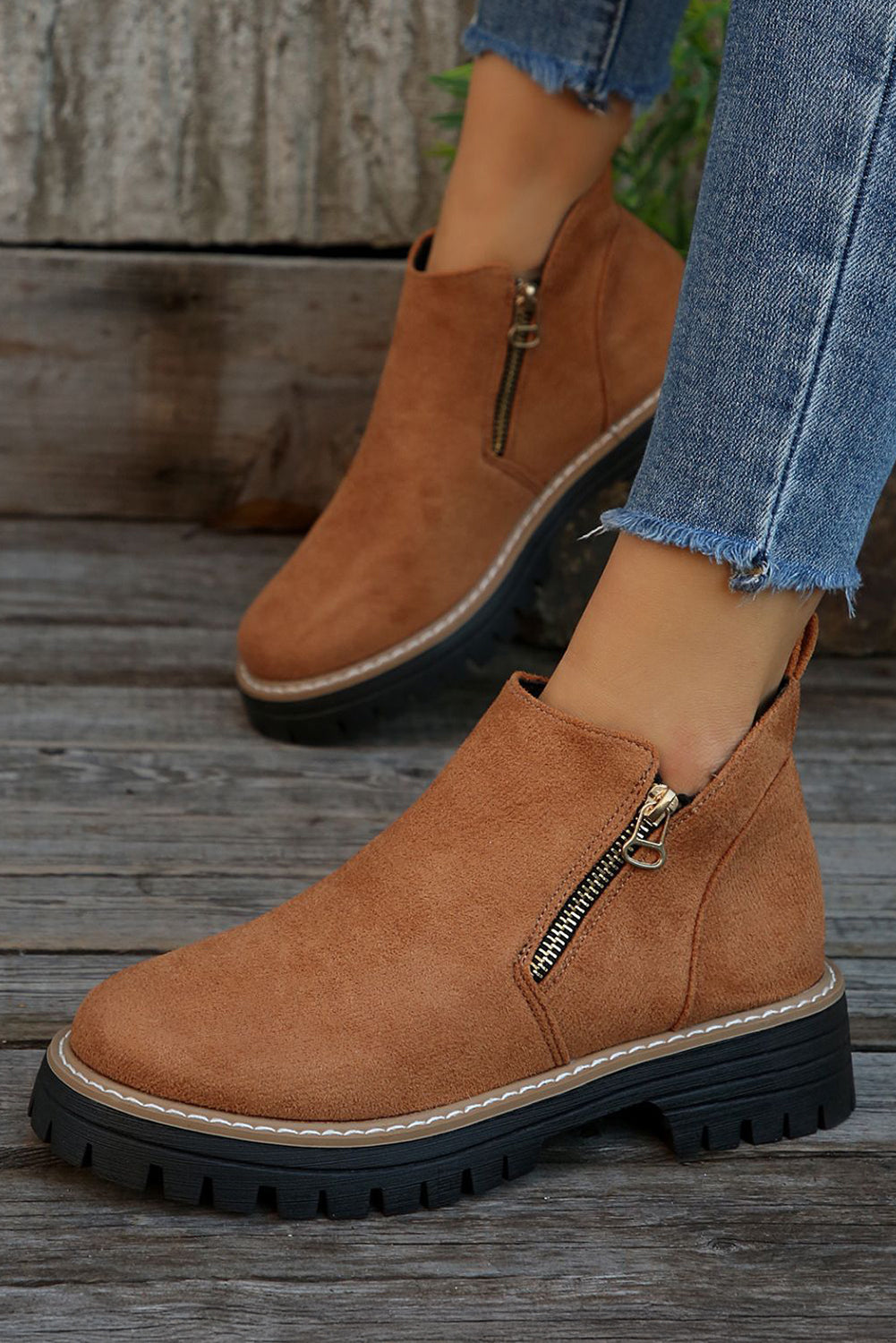 Chestnut Faux Suede Side Zip Ankle Boots