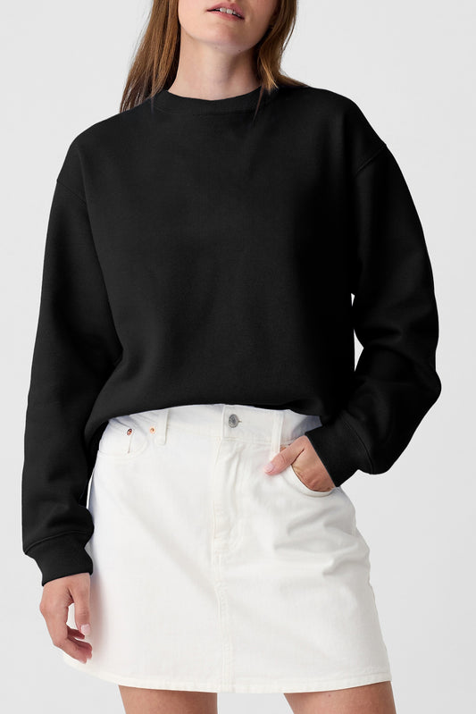 Black Solid Fleece Lined Drop Shoulder Terry Sweatshirt