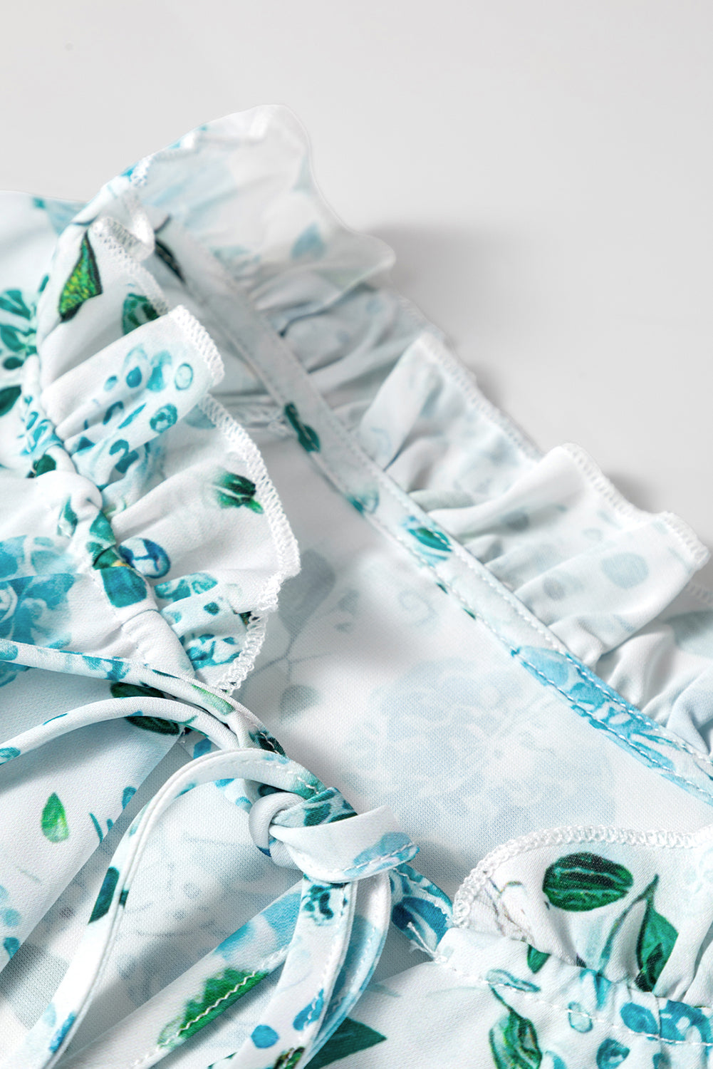 Sky Blue Floral Print Frilled Trim Tie Neck Elastic Cuffs Long Sleeve Blouse