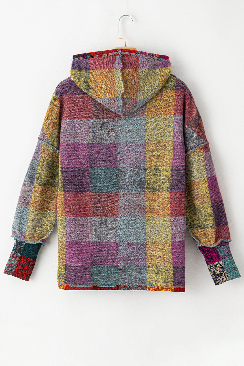 Multicolor Brushed Plaid Buttoned Pullover Oversized Hoodie