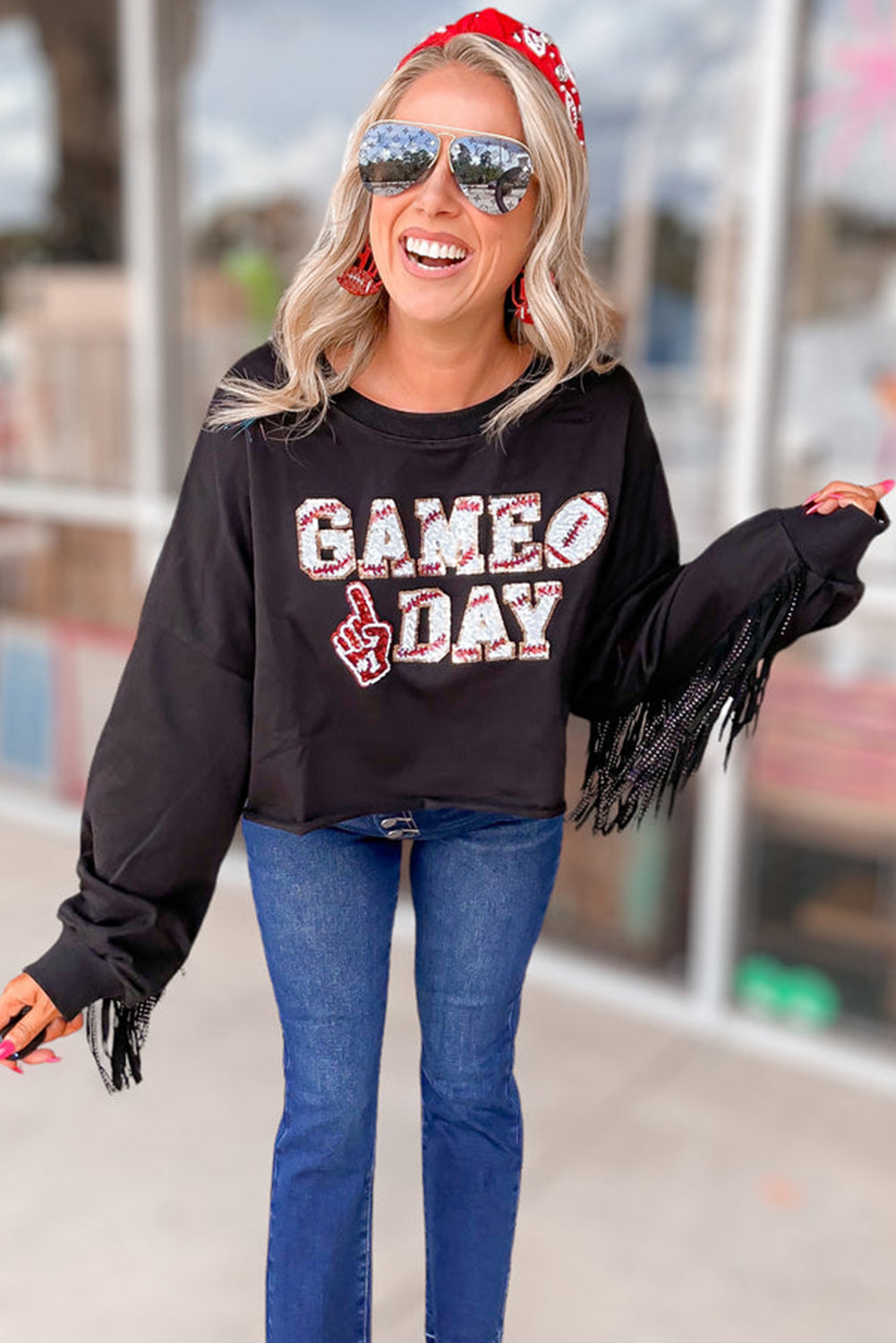 Black GAME DAY Rugby Sequined Tasseled Cropped Sweatshirt