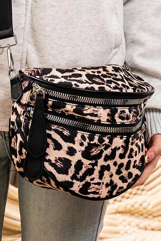 Coffee Camouflage Print Gold Chain Strap Double Zipper Crossbody Bag