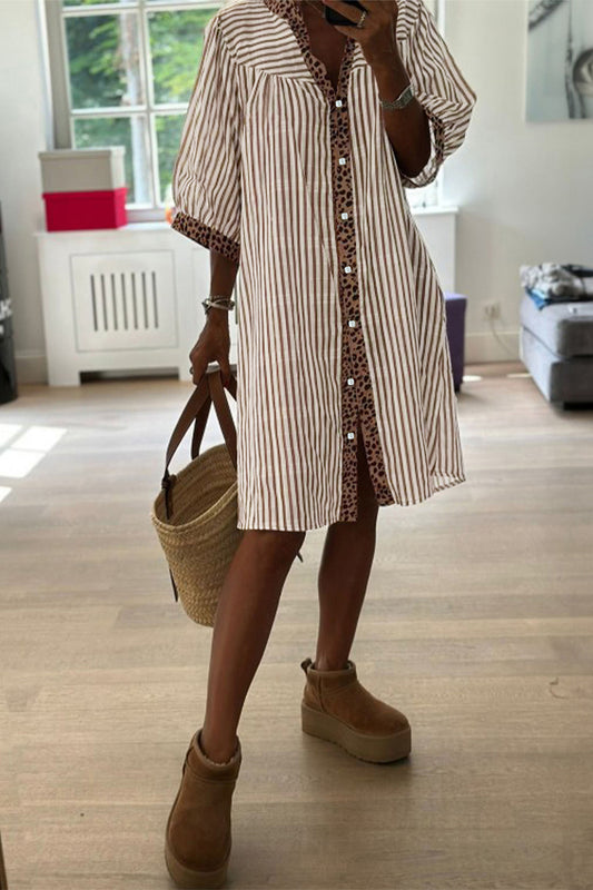 Khaki Stripe Square Button Leopard Trim Loose Bracelet Sleeve Shirt Dress