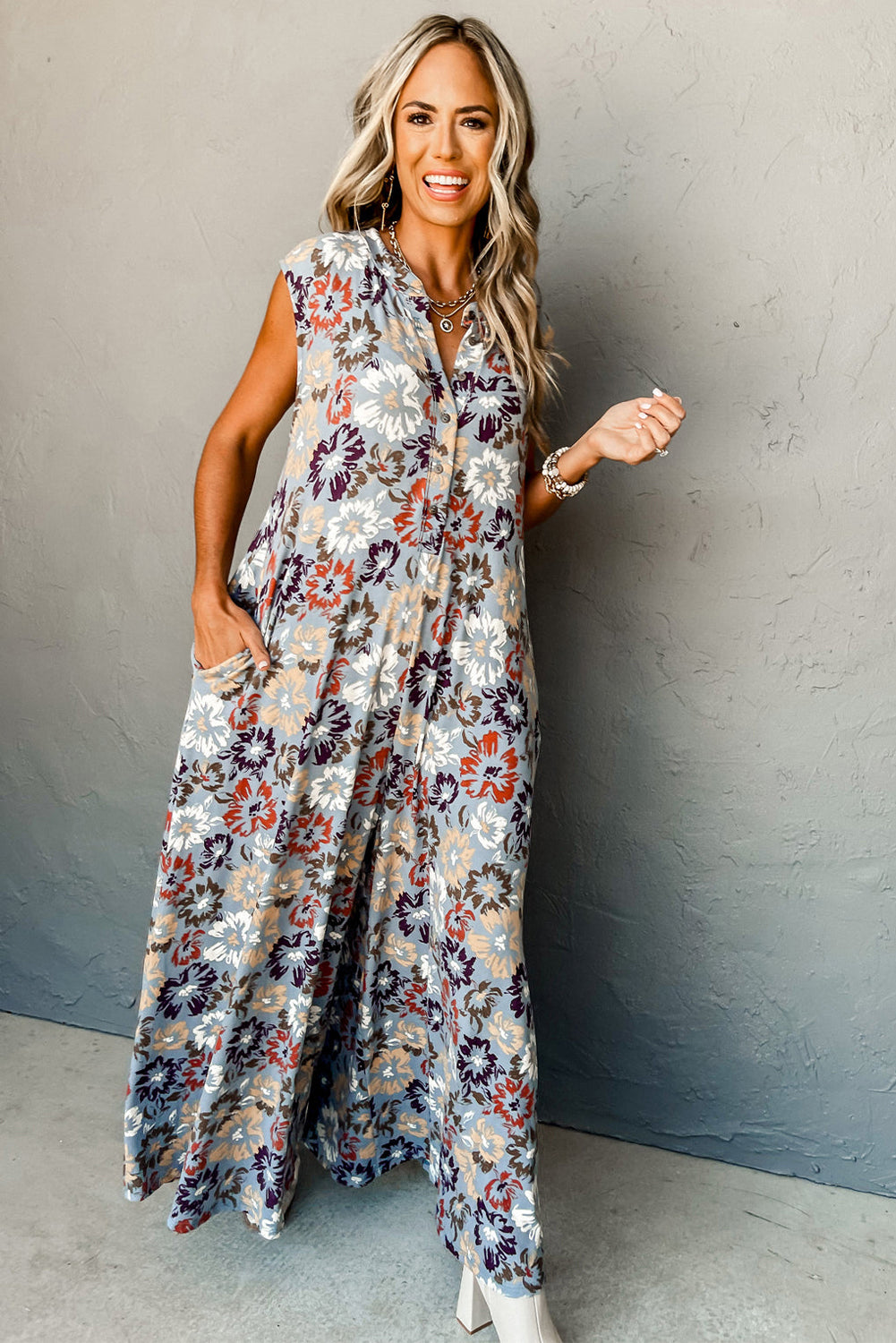 Sky Blue Floral Sleeveless Buttoned Pocketed Wide Leg Jumpsuit