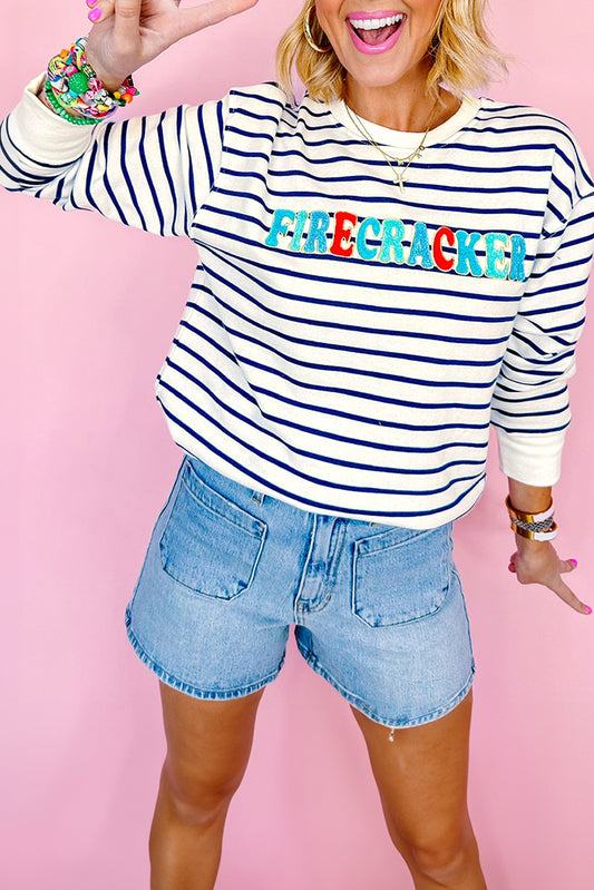 Blue Stripe Chenille FIRECRACKER Embroidered Sweatshirt