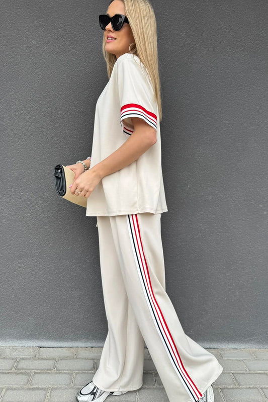 Jet Stream Contrast Striped Trim Crewneck T Shirt Loose Straight Pants Set