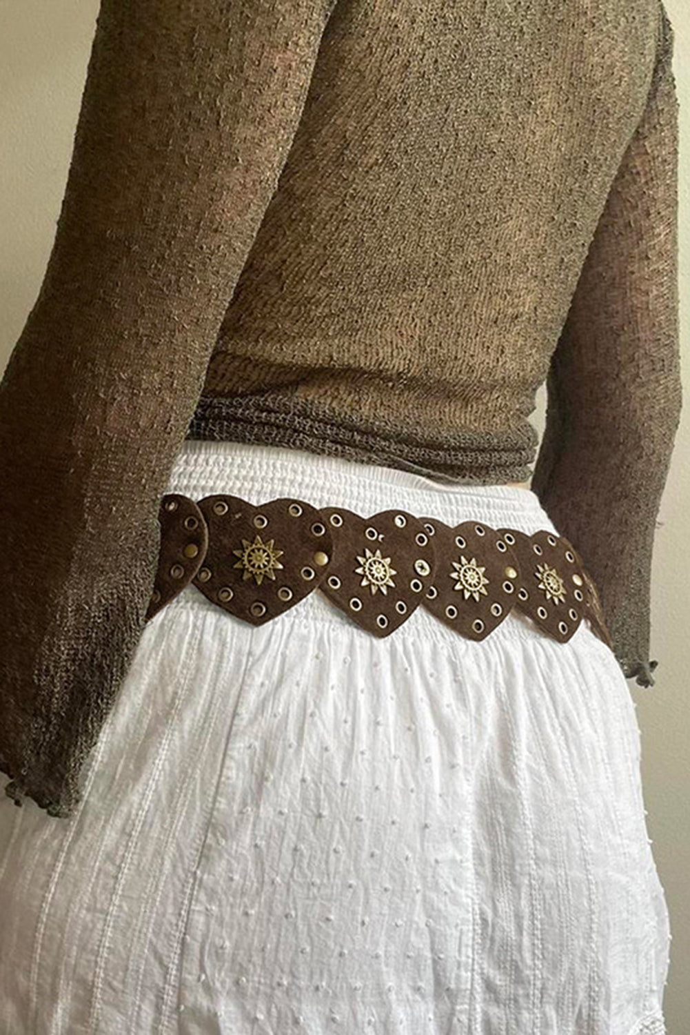 Coffee Bohemian Vintage Bronze Detail Heart Connected PU Belt